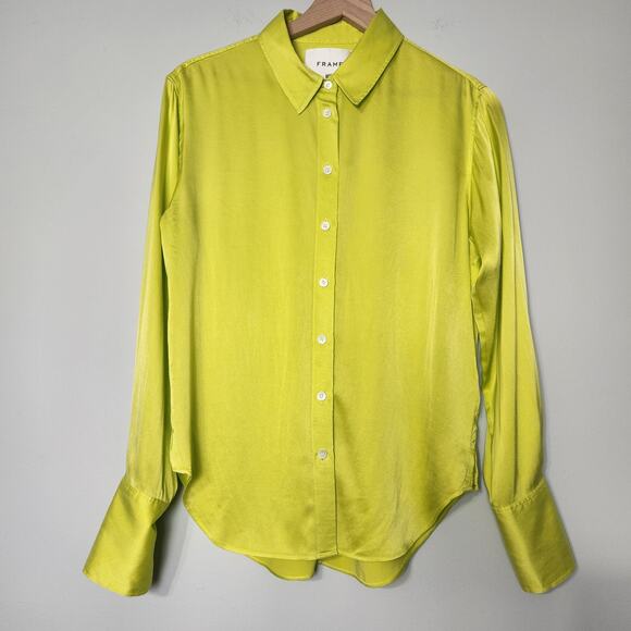 Frame The Standard Silk Shirt Button Down Blouse in Flash Lime Green Neon, S - Picture 4 of 12